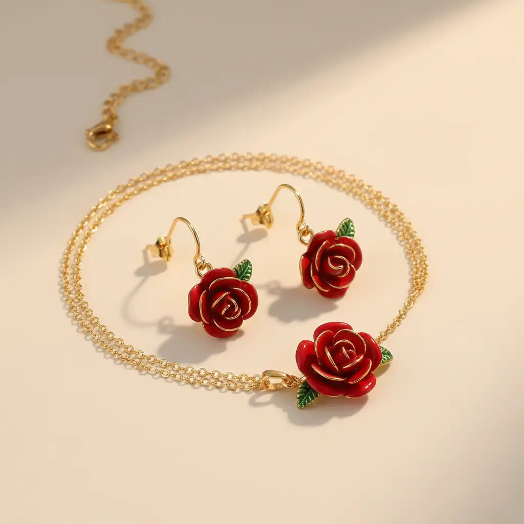 Handcrafted Red Rose Floral Jewelry Set | Elegant Enamel Necklace & Earrings for Women