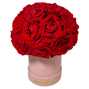Front view of Le Mini Rose in a chic gift box – real roses that last a year, perfect for special occasions.