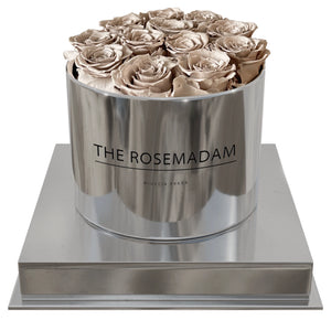 Beige Roses in a High-Shine Silver Box – Premium Long-Lasting Floral Gift