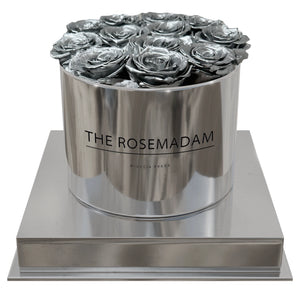 Silver Roses in a Mirrored Box – Chic & Elegant Floral Display