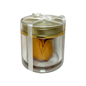Luxury eternal gold rose preserved inside clear acrylic display with white satin ribbon
