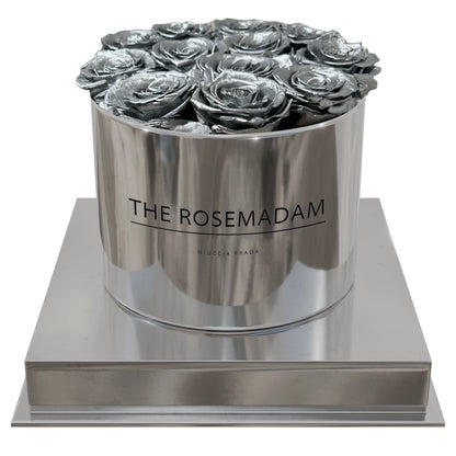 Silver Roses in a Mirrored Box – Chic & Elegant Floral Display