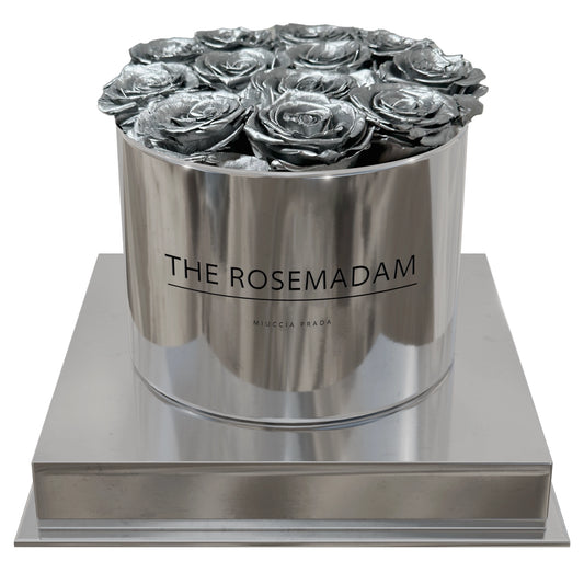 Silver Roses in a Mirrored Box – Chic & Elegant Floral Display