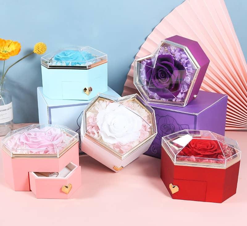 Hexagon Preserved Rose Jewelry Box with Drawer – Luxury Gift for Her